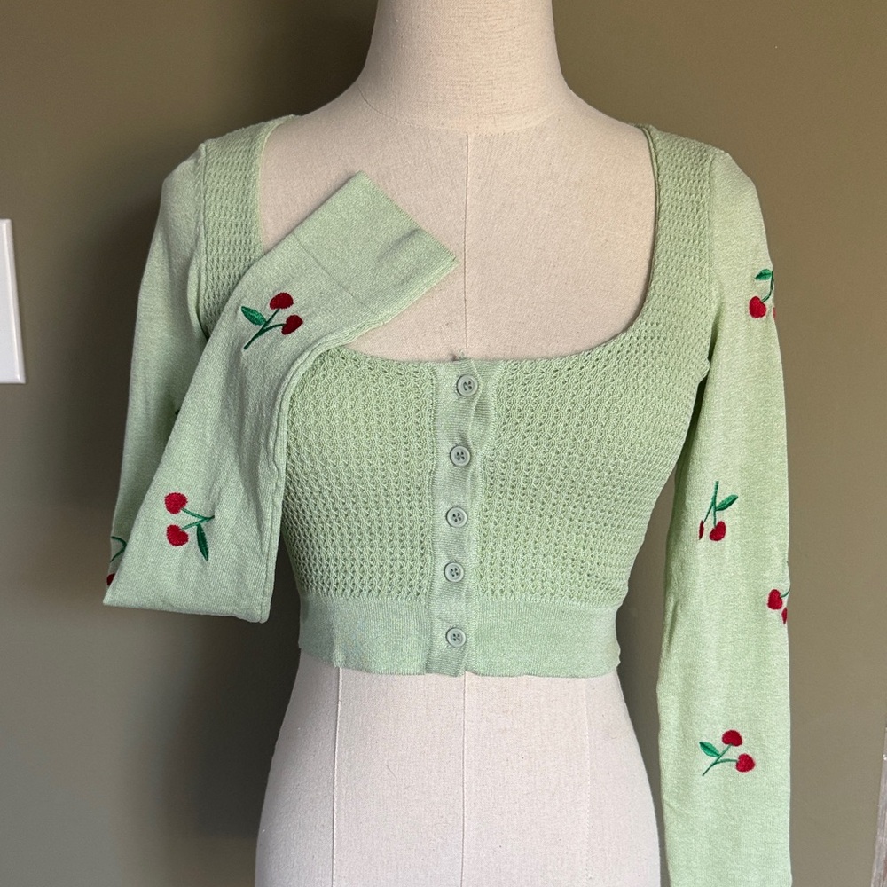 Cherry Embroidered Green Knit Crop Top